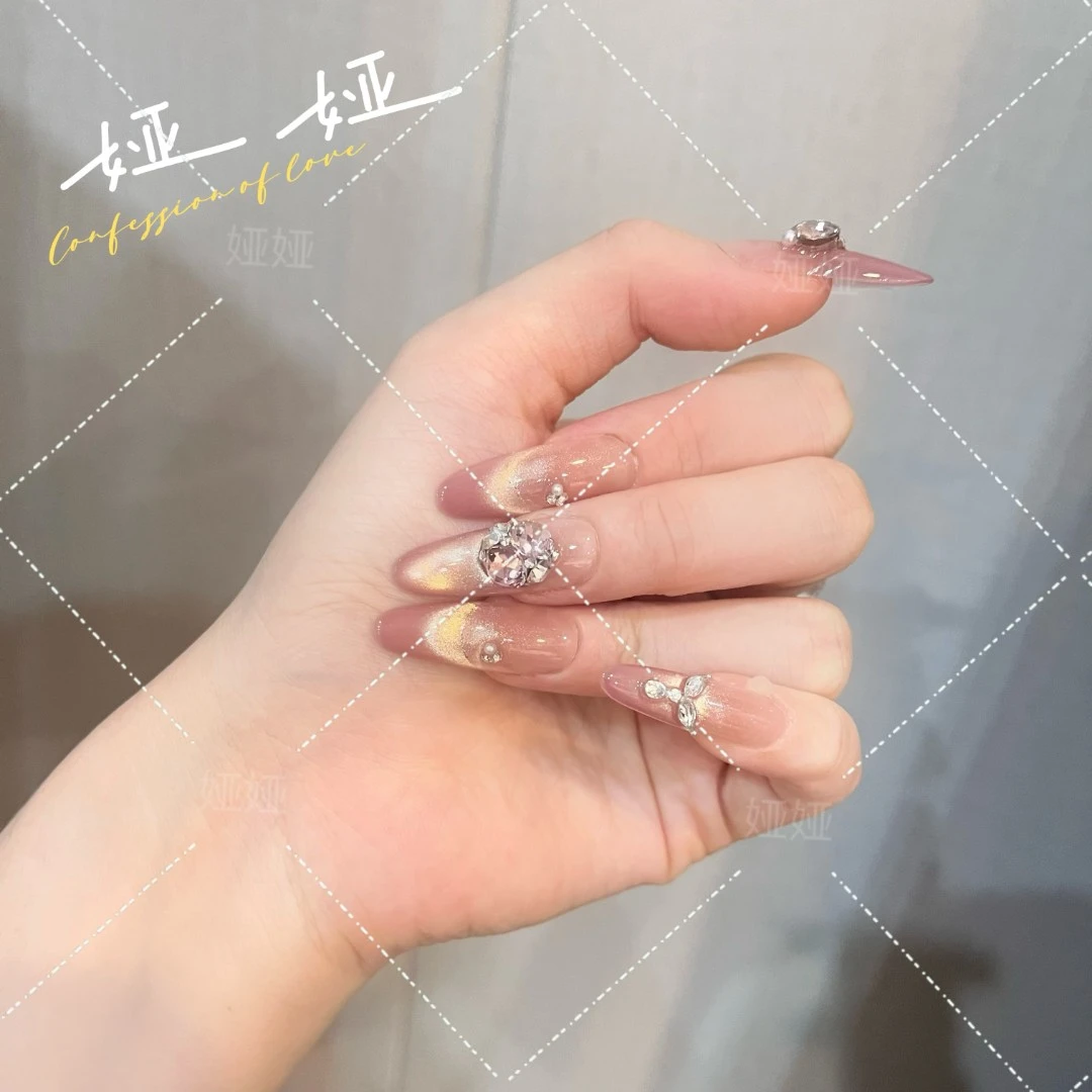 【胭脂粉黛】纯手工穿戴甲猫眼细闪锆石爆闪碎钻气质百搭款