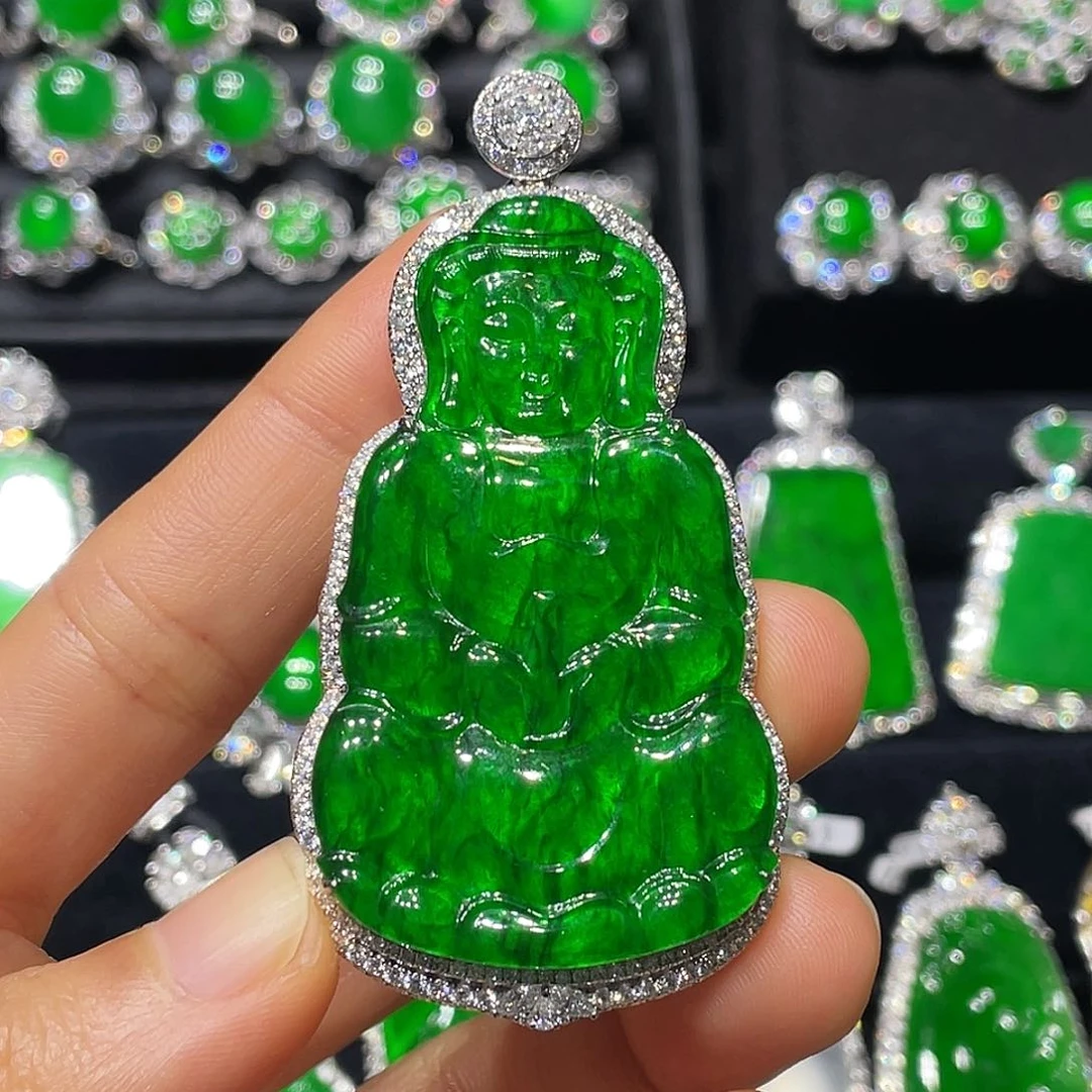 翡翠吊坠(不含链)18K金镶嵌观音吊坠