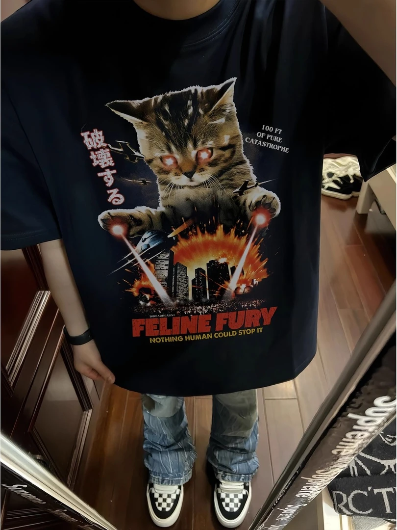 纯棉重磅260g猫咪趣味美式嘻哈印花圆领短袖T恤衫韩版情侣上衣服