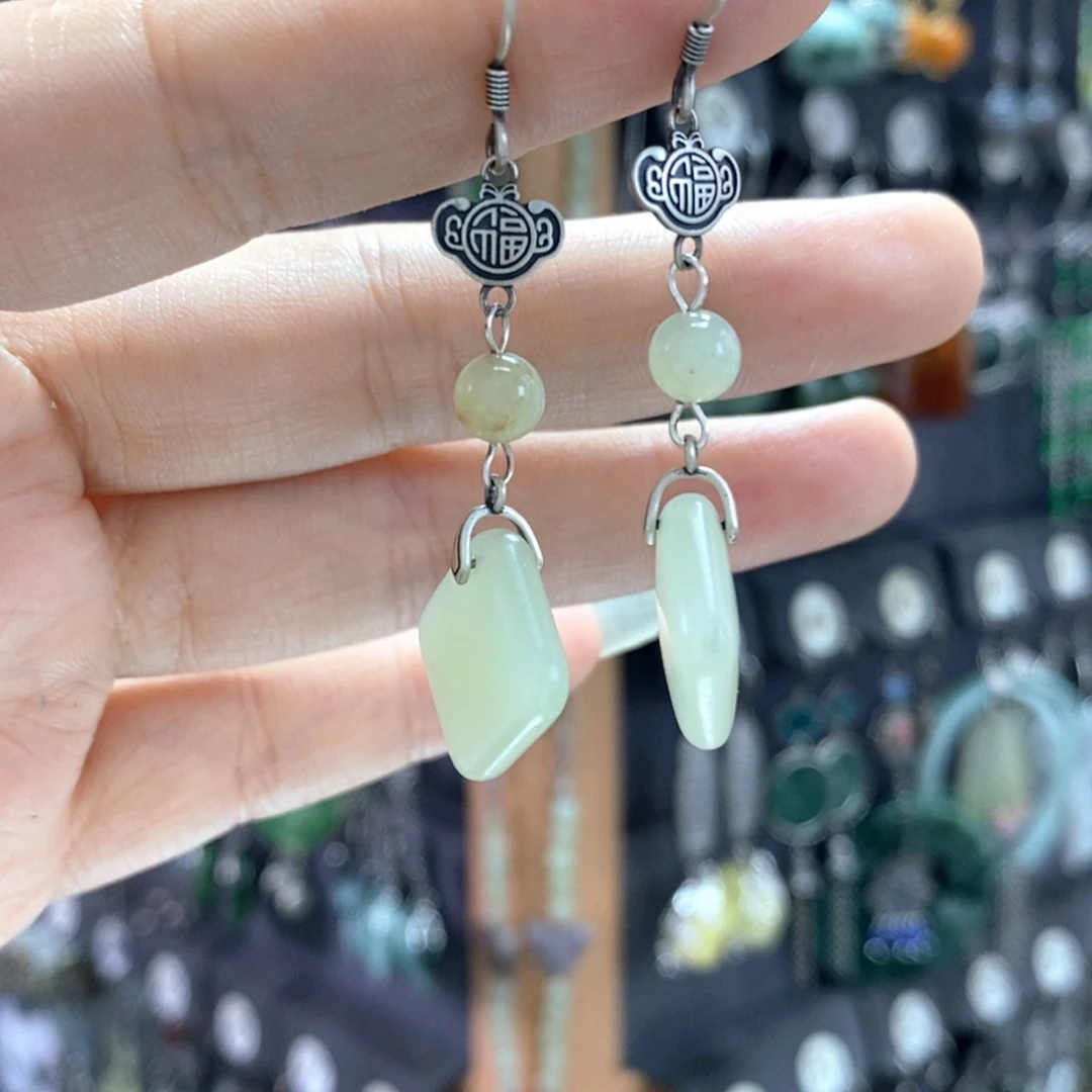 和田玉银S925镶嵌耳饰