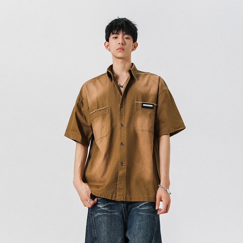 水洗做旧牛仔衬衫男款美式复古潮牌短袖衬衣夏季宽松痞帅休闲外套