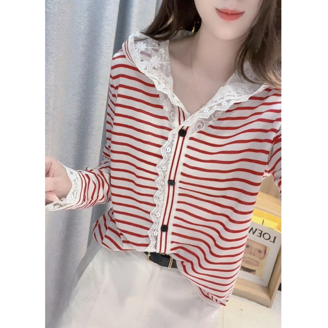 慵懒风撞色条纹蕾丝拼接连帽2025秋季新款宽松百搭长袖开衫上衣