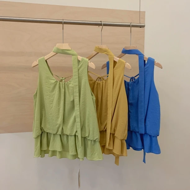 CSF-2997东大门韩系夏款INS风慵懒时尚纯色背心吊带带挂脖飘带