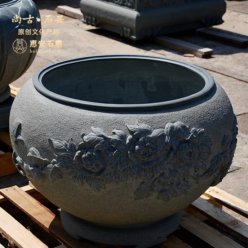 尚古石器 青石原创牡丹花门海水缸 大件别墅会所配套家居饰品