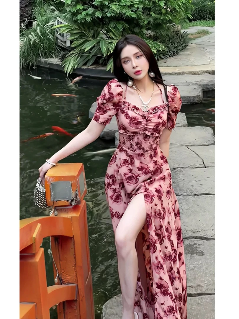 【蔷薇之恋】300斤大码女装法式绝美方领碎花连衣裙夏季新款甜辣风