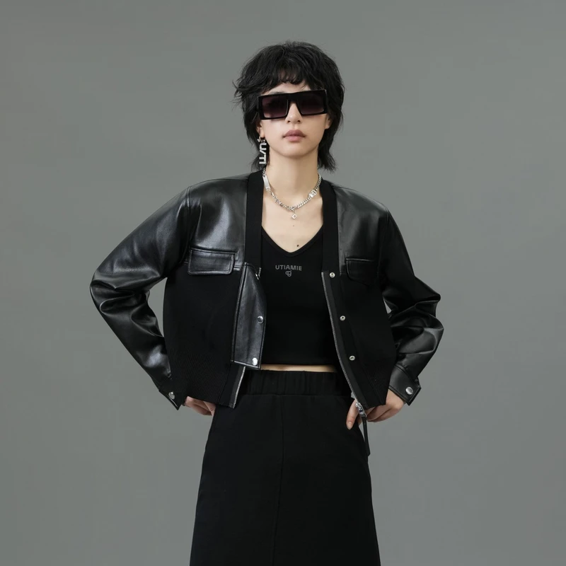 uti黑色酷感拼接PU皮外套女装 百搭简约休闲上春季新款