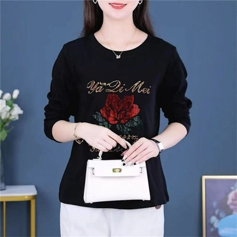 春秋新款玫瑰T恤肚子大码长袖打底时尚百搭显瘦洋气上衣