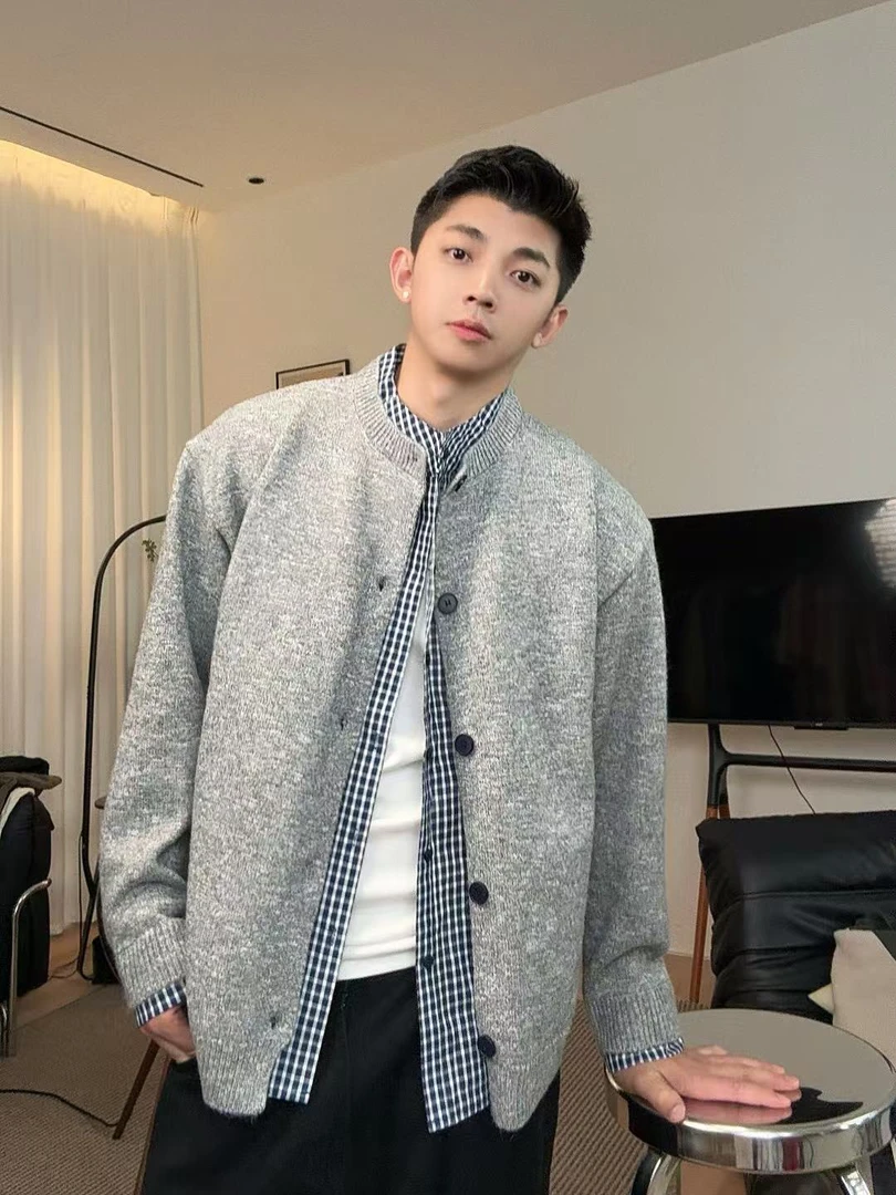 浩仔STUDIO 混纺衬衫真两件毛衣男百搭圆领拼接毛衣外套 973