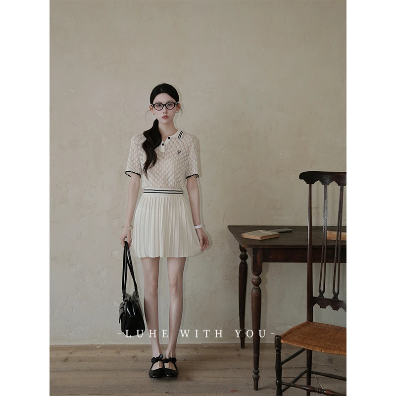 LUHE【查尔周末】hehe私服~莱赛尔亚麻polo针织衫+压褶针织半裙