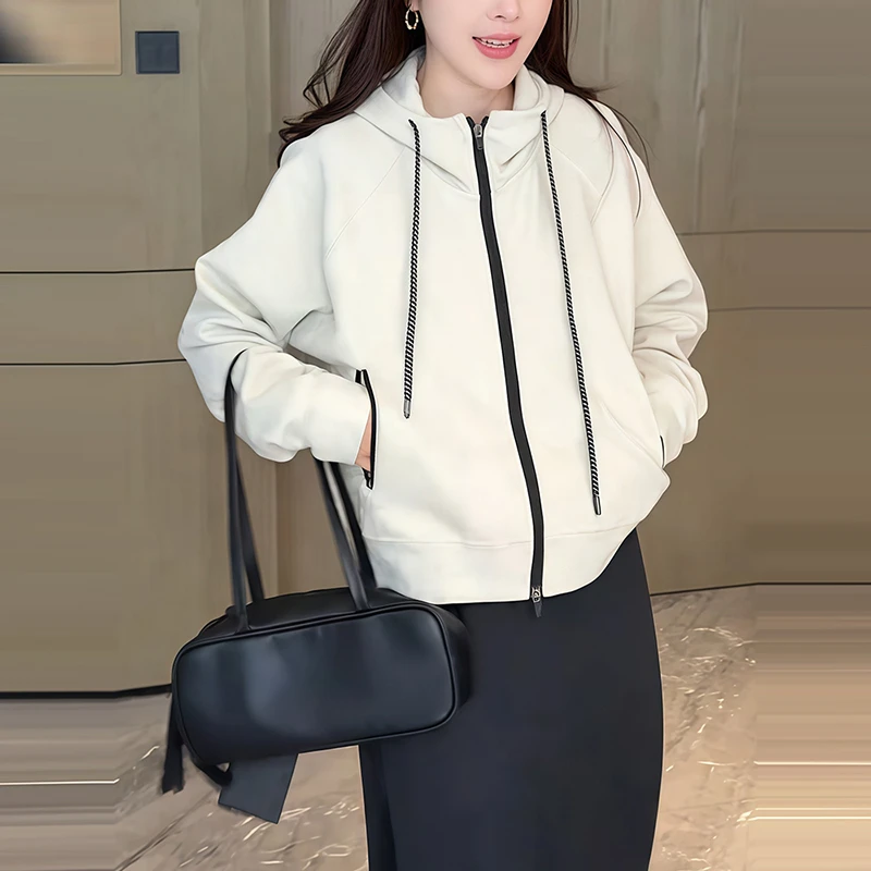 早秋款韩版时尚连帽拉链卫衣开衫大码女装微胖mm宽松加绒抽绳上衣