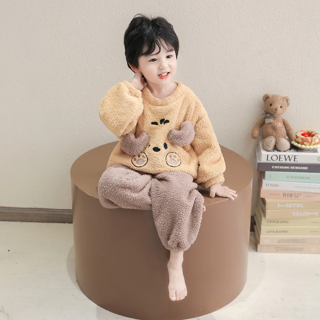 儿童睡衣冬季珊瑚绒男童加厚保暖家居服宝宝卡通套装男孩半边绒