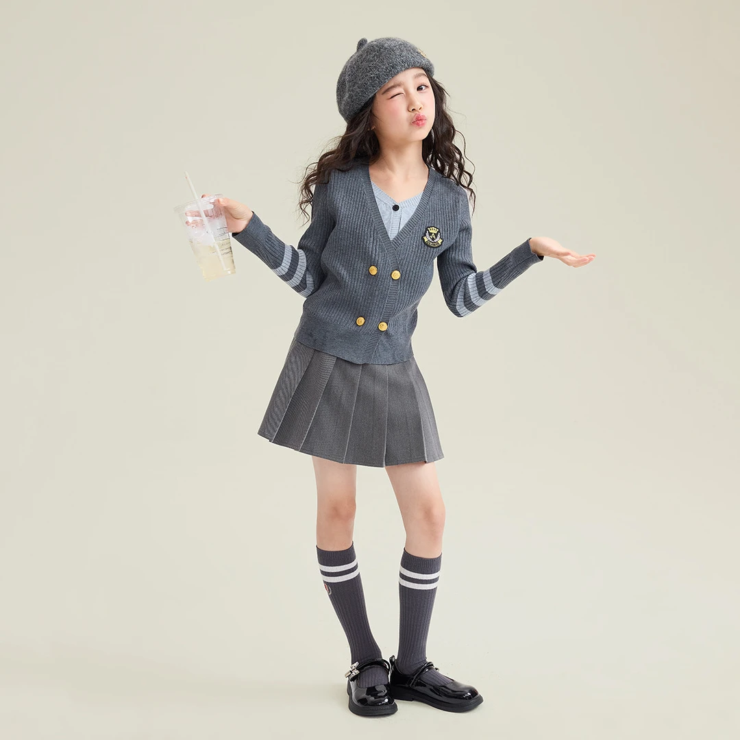 女童学院风春秋套装新款洋气时尚针织开衫外套百褶裙休闲两件套潮