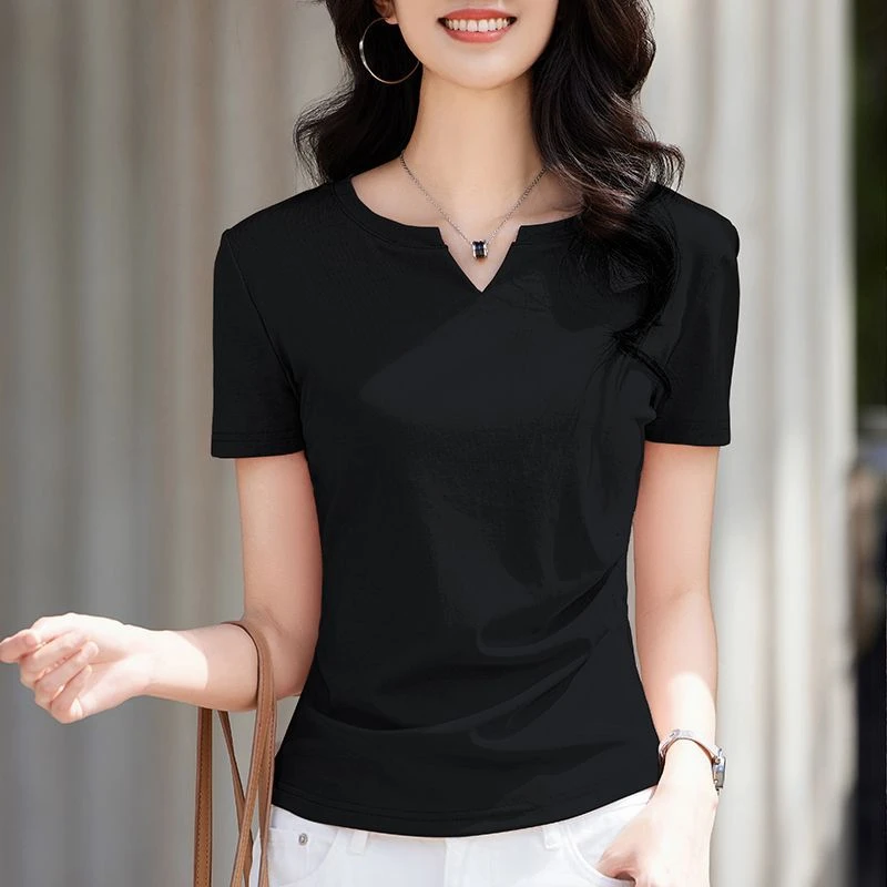 灰色小v领短袖t恤女2025夏季新款抽褶不规则大码胖mm收腰显瘦上衣