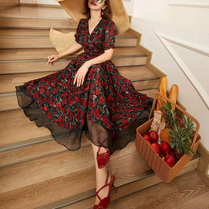 【巴黎午夜】连衣裙女装新款法式度假风泡泡袖长款碎花裙CA001