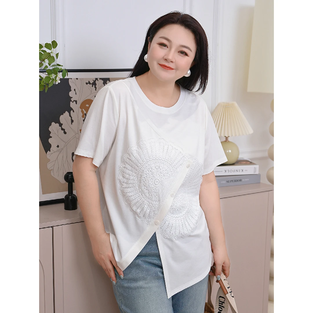 【静享夏日】MsShe大码女装夏装休闲拼接花边短袖T恤J~B2504067