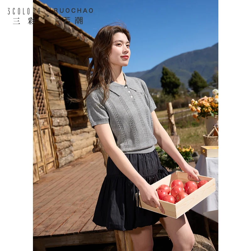 薄款miu系小衫~三彩大码女装2025秋季polo领t恤短袖绞花针织上衣