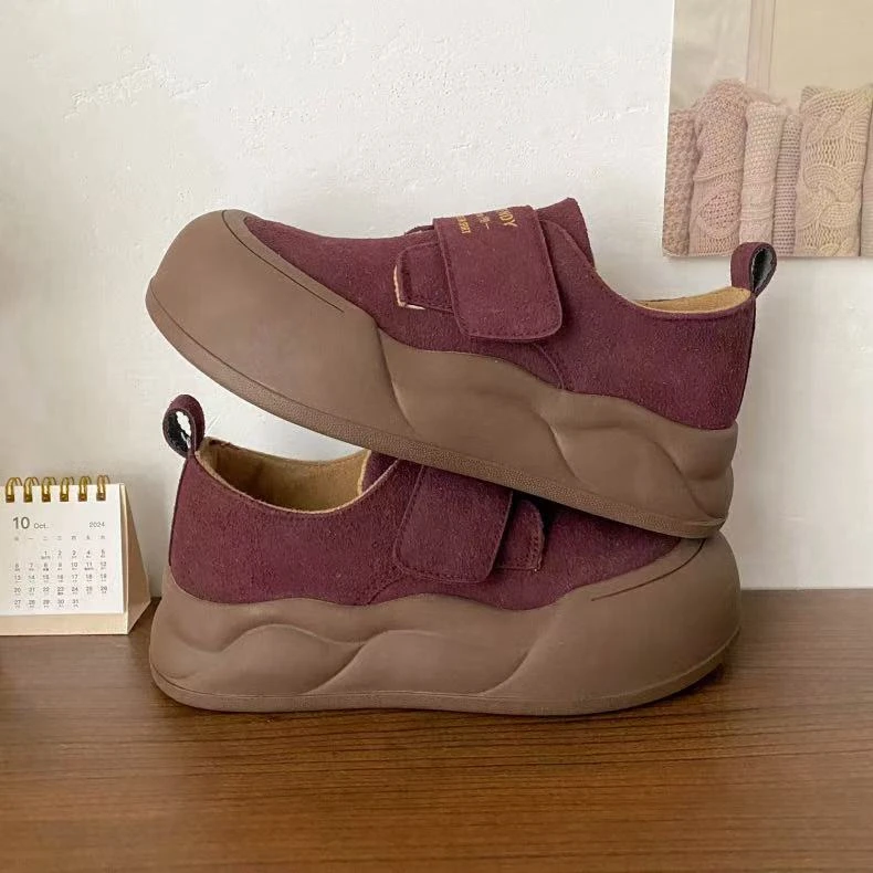 A9875酒红薄绒魔术贴厚底面包板鞋女保暖加绒2025新款百搭勃肯鞋