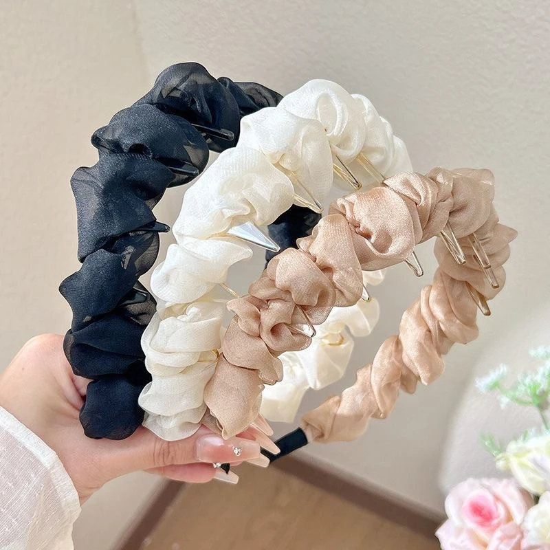 蕾丝发箍新款褶皱薄纱发饰小香风气质发夹高颅顶头箍网纱珠珠头箍