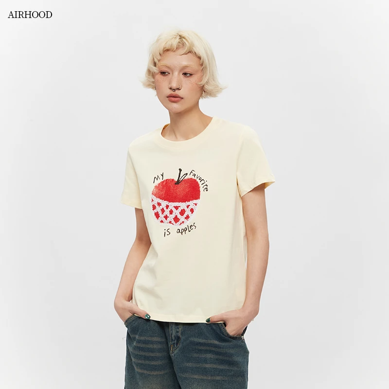 AIRHOOD 苹果字母印花修身短袖t恤女纯棉百搭显瘦休闲上衣N5118