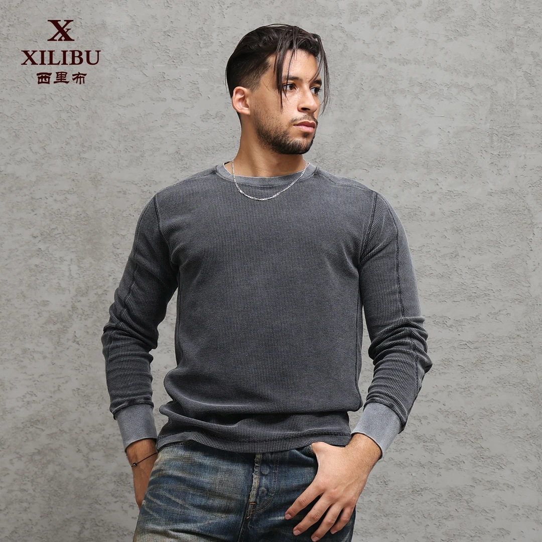 西里布Z064美式复古连肩长袖圆领T恤卫衣男硫化黑染华夫格打底衫