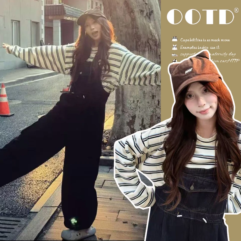 时髦孕妇装新款秋冬超火韩系牛仔背带裤工装连体裤加条纹卫衣套装