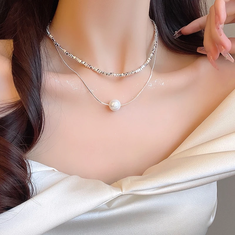 韩系轻奢小众双层叠戴珍珠项链设计感碎银几两锁骨链颈链饰品项链