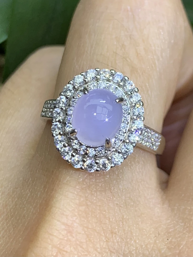 紫罗兰蛋面戒指天然翡翠A货HY气质时尚女士紫色镶嵌银戒豪华