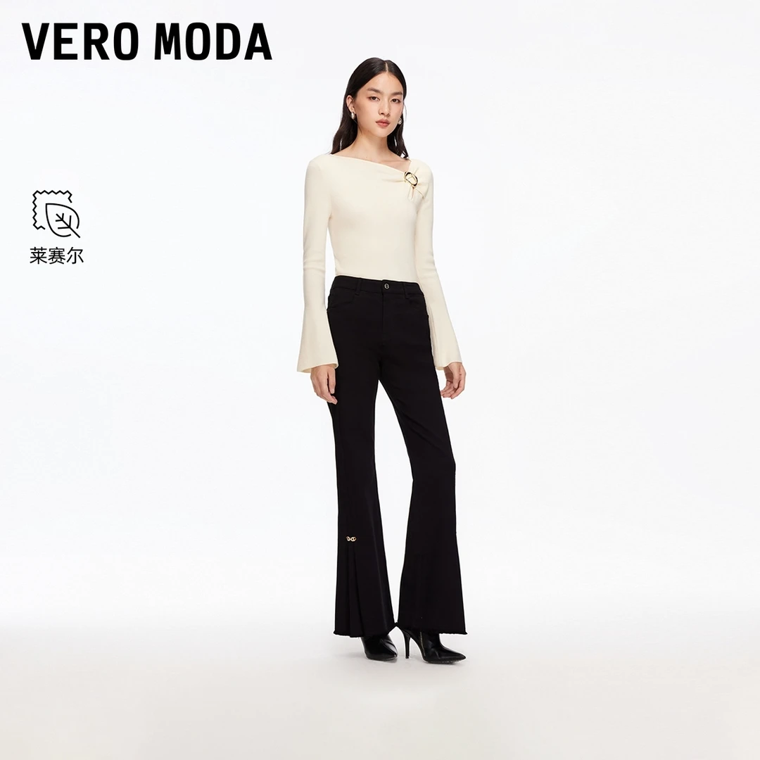 Vero Moda牛仔裤2025秋冬新款含棉莱赛尔钉珠毛边微喇裤325432015