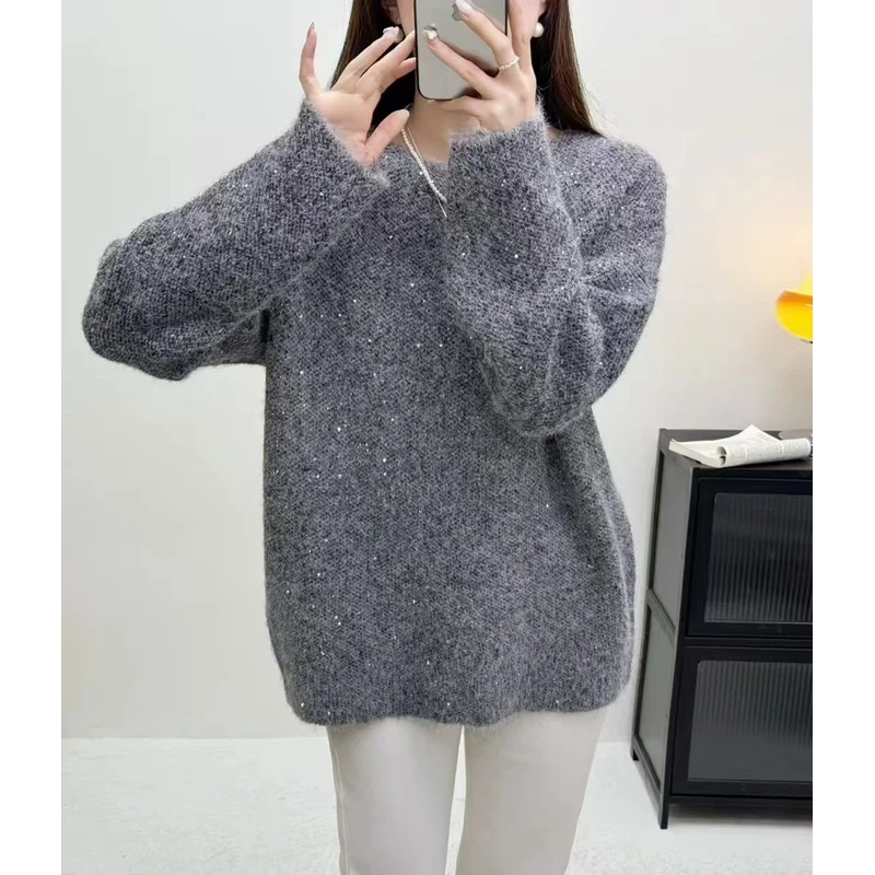 秋冬季羊毛长袖纯色保暖宽松设计感时尚针织毛衣  2140