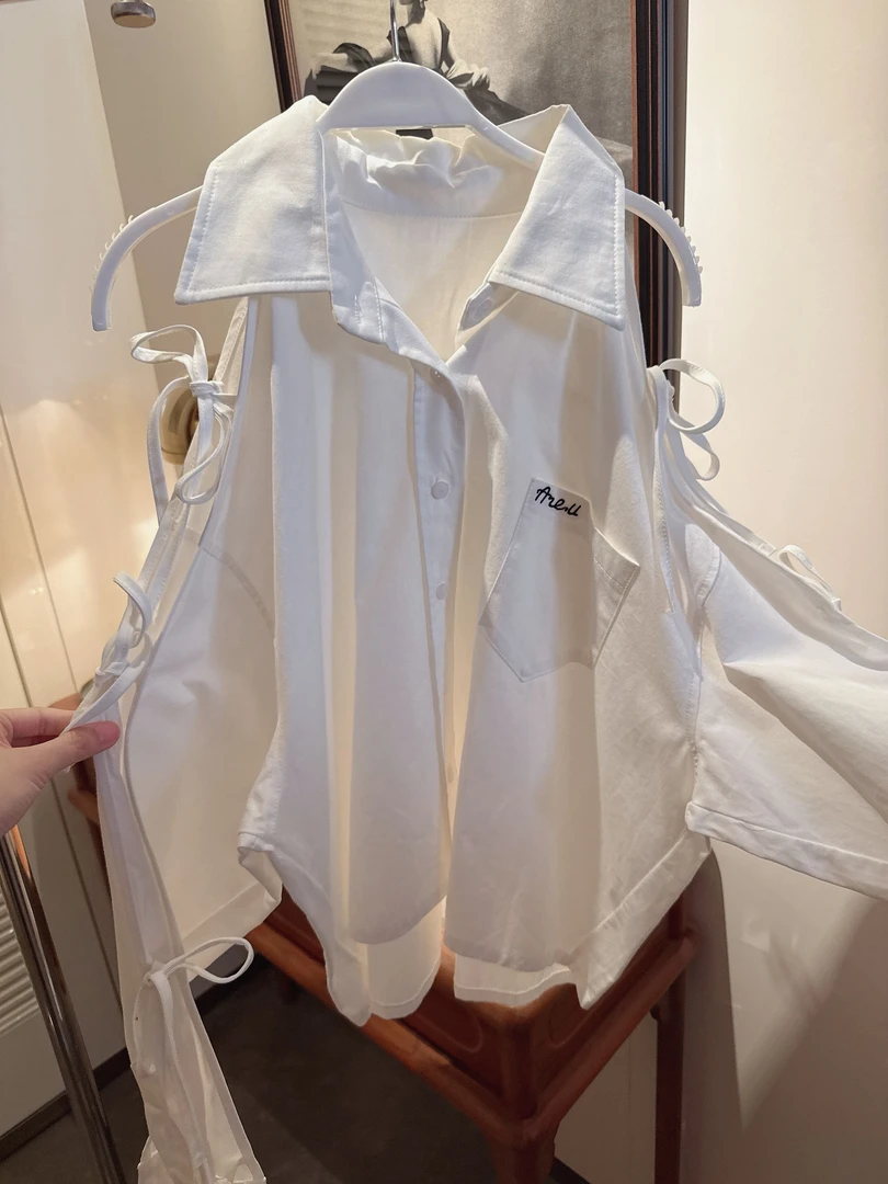 【张静芝】蝴蝶结系带小翻领白衬衫