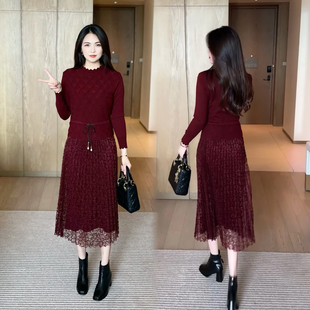 针织连衣裙女2025秋季新款洋气质显瘦中长款打底拼接毛衣打底裙子
