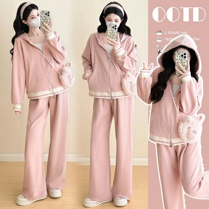 【因为爱】孕妇装秋冬季套装粉色卫衣外套裤子两件套孕妈高级感