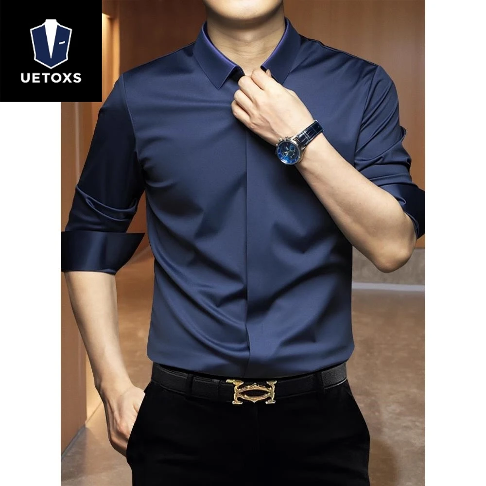 秋季潮牌衬衣男款弹力修身无痕免烫抗皱上衣冰丝休闲高档长袖衬衫