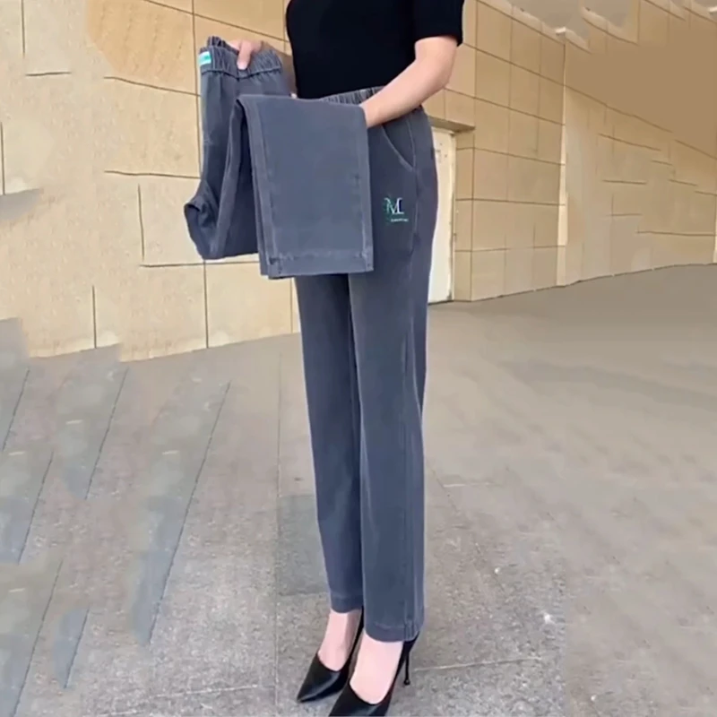 夏季冰丝薄款牛仔裤女潮流中年妈妈裤高腰弹力显瘦宽松直筒长裤潮