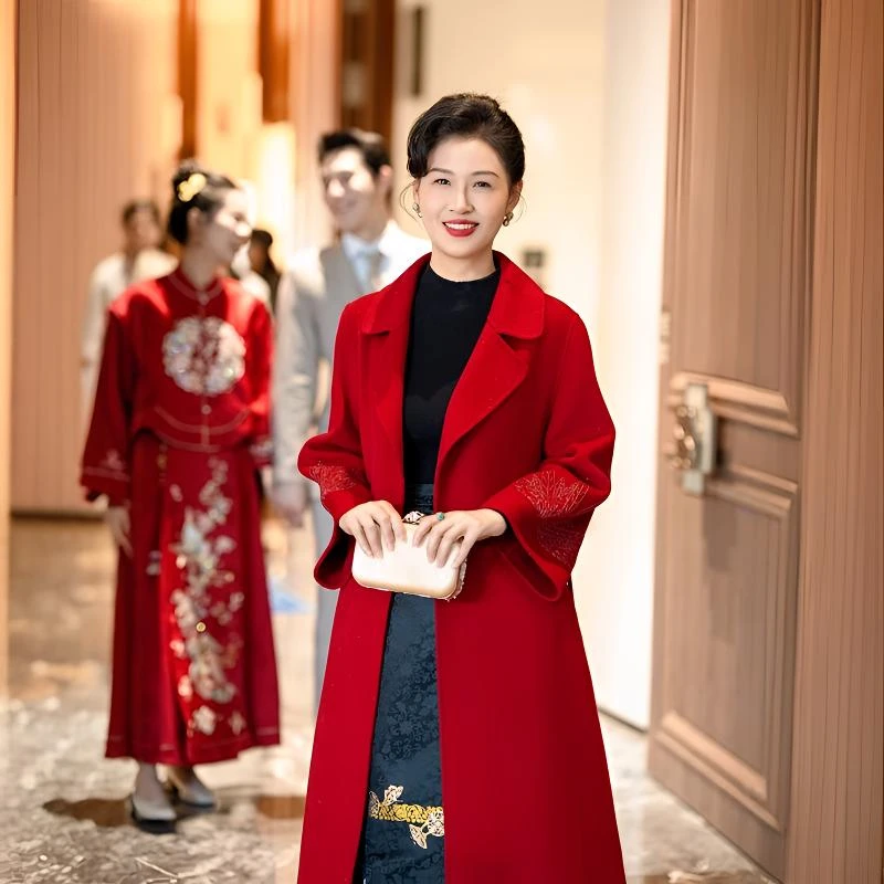 喜婆婆妈妈装婚宴礼服2025新款红色羊毛呢子气质大衣外套女秋冬款