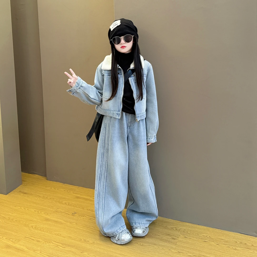 女童秋冬加绒牛仔洋气2025新款洋气中大童冬装韩版时尚新品套装潮