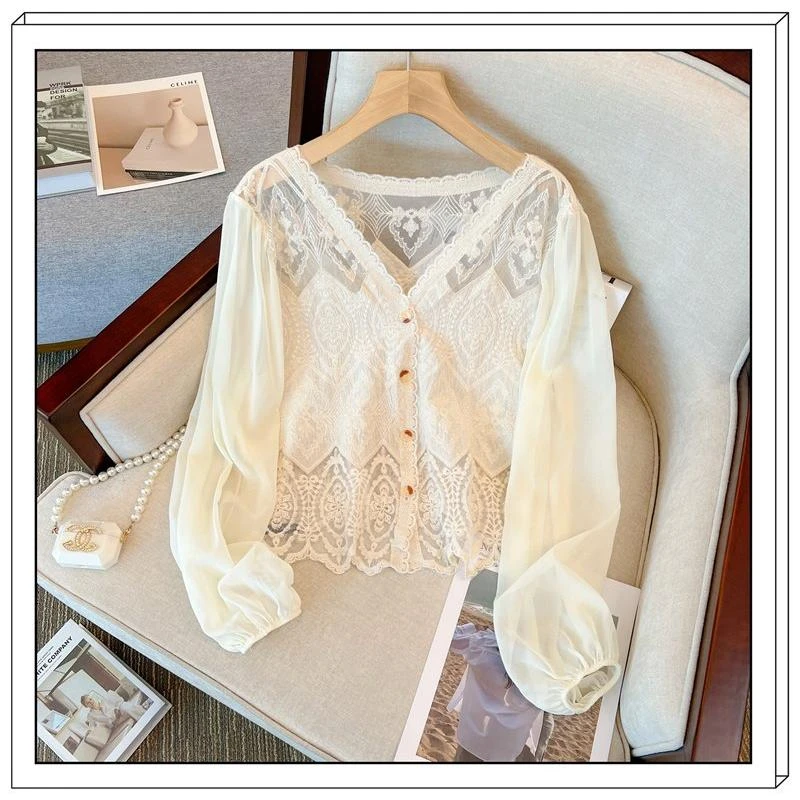 88大码女装2025春款气质设计感镂空蕾丝开衫V领长袖百搭女