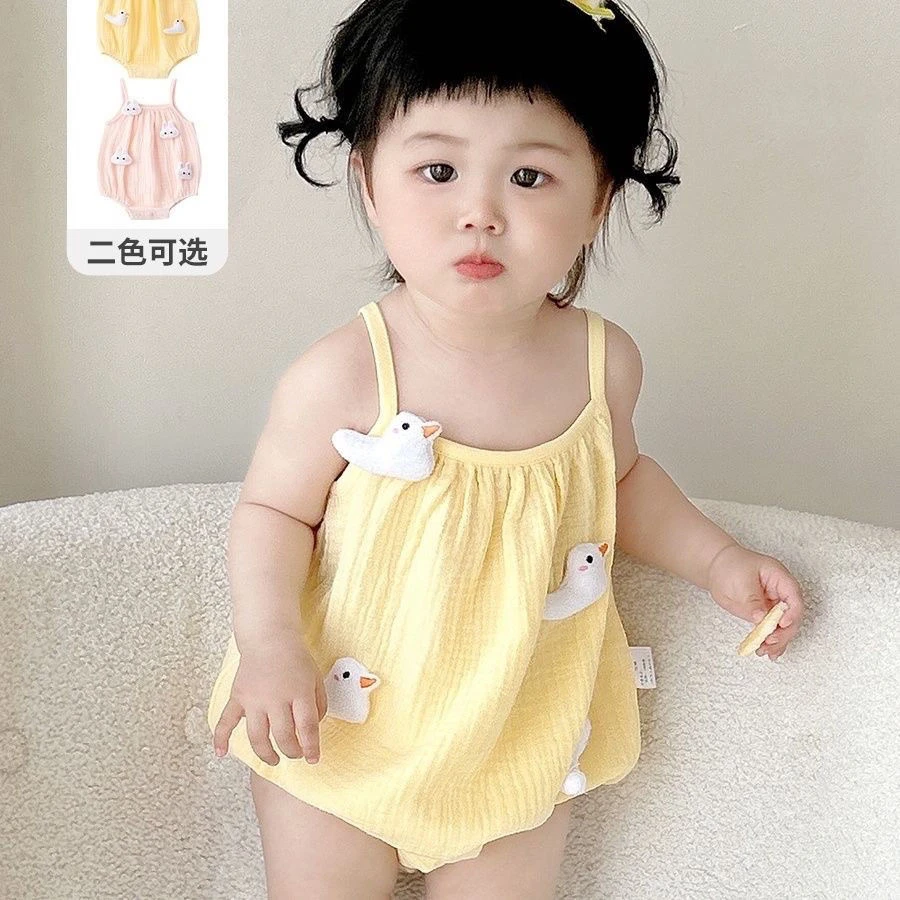 新款爬服婴儿新生儿吊带连体衣可爱宝宝薄款蘑菇包屁衣无袖