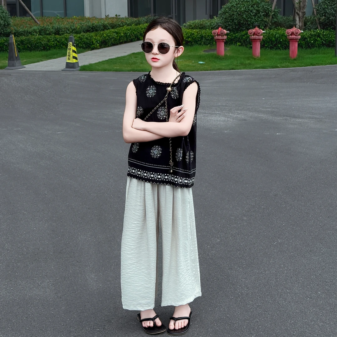 女童夏季2025新款韩版休闲宽松花边无袖上衣洋气阔腿直筒裤套装潮