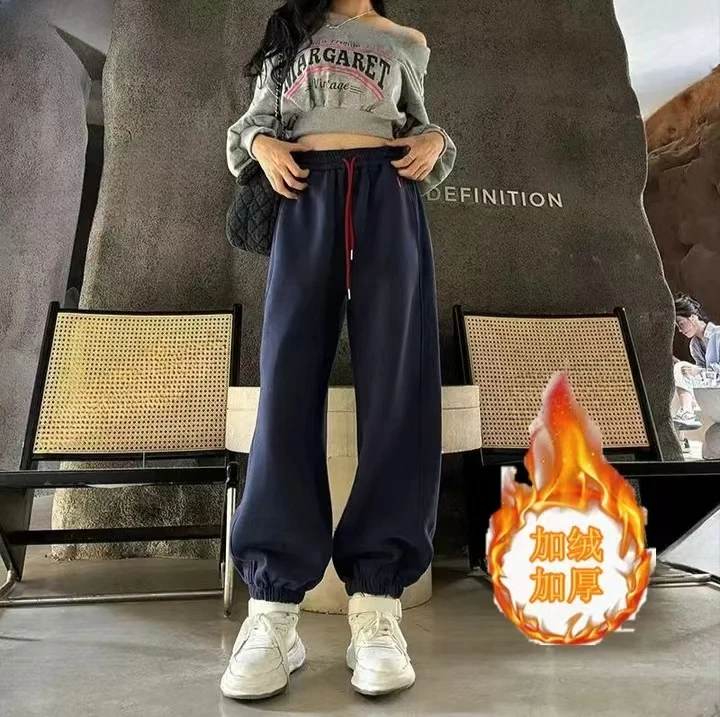 2025秋冬新款时尚高腰刺绣松紧腰显瘦束脚裤女网红洋气炸街女装