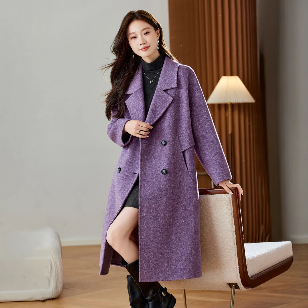 恒源祥集团彩羊澳洲羊毛双面大衣常规袖中长款西装领秋冬毛呢外套