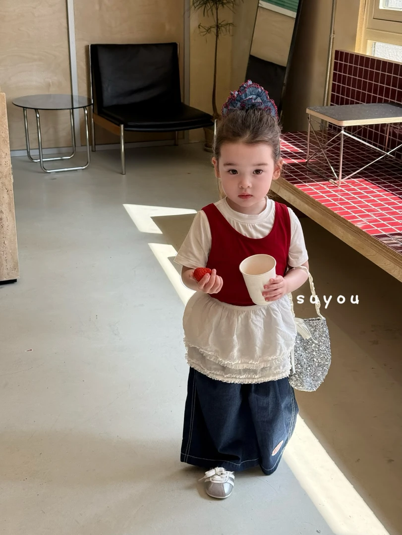 苏右 2025夏季新款童装女宝纯色背心T恤两件套女小童宽松牛仔裤潮
