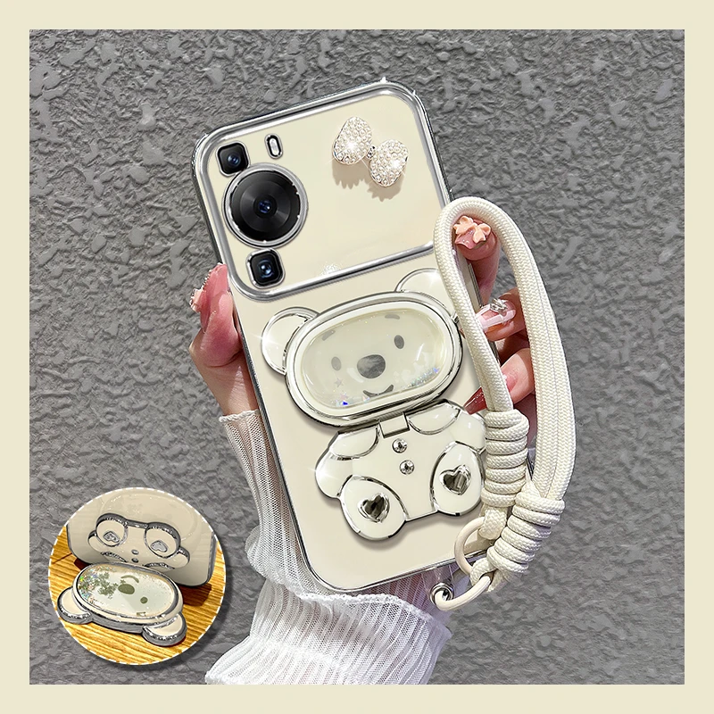 适用【华为p60/pro】手机壳新款流沙熊镜子支架女蝴蝶结防摔硅胶女