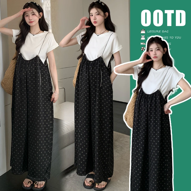 2025时尚气质夏季新品纯棉T恤+韩版波点背带裤孕妇套装