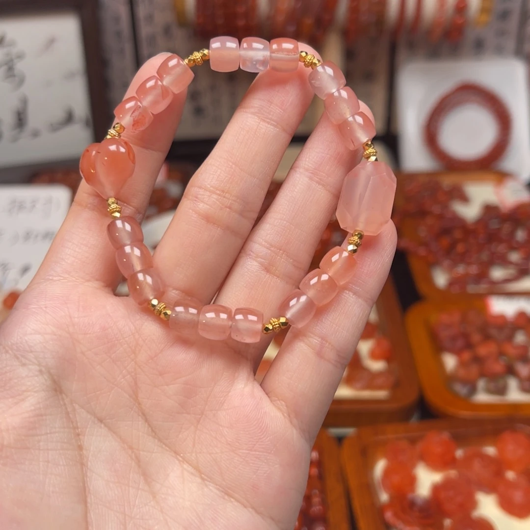 南红玛瑙银S925镀金镶嵌手串