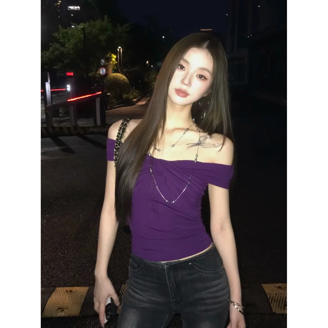 紫色韵味一字肩扭结设计感性感修身收腰露肩上衣t恤女