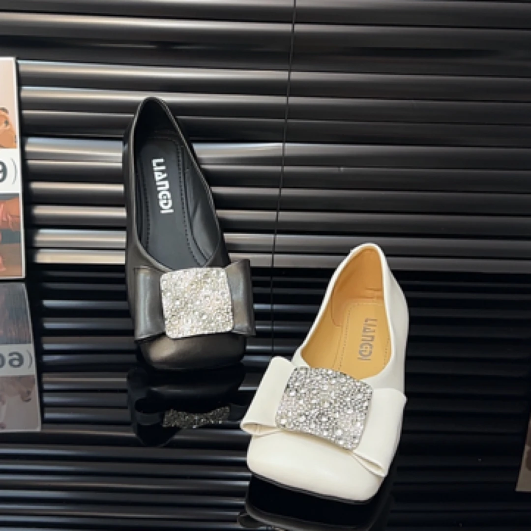 浅口水钻法式方头亮片摔纹皮单鞋气质皮鞋高智淡人风