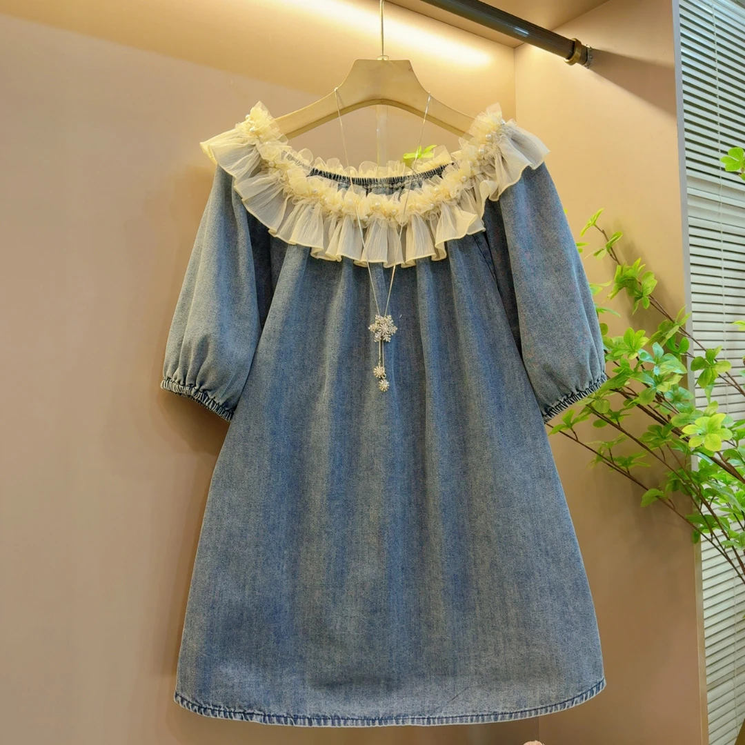 2025夏季新款百搭纱网拼接一字肩灯笼袖时尚休闲短袖牛仔上衣