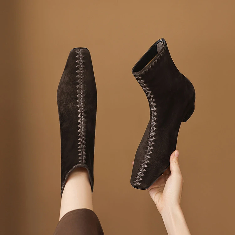 3cm羊皮时尚百搭真皮复古短靴子马丁靴中跟坡跟单靴时装靴瘦瘦靴