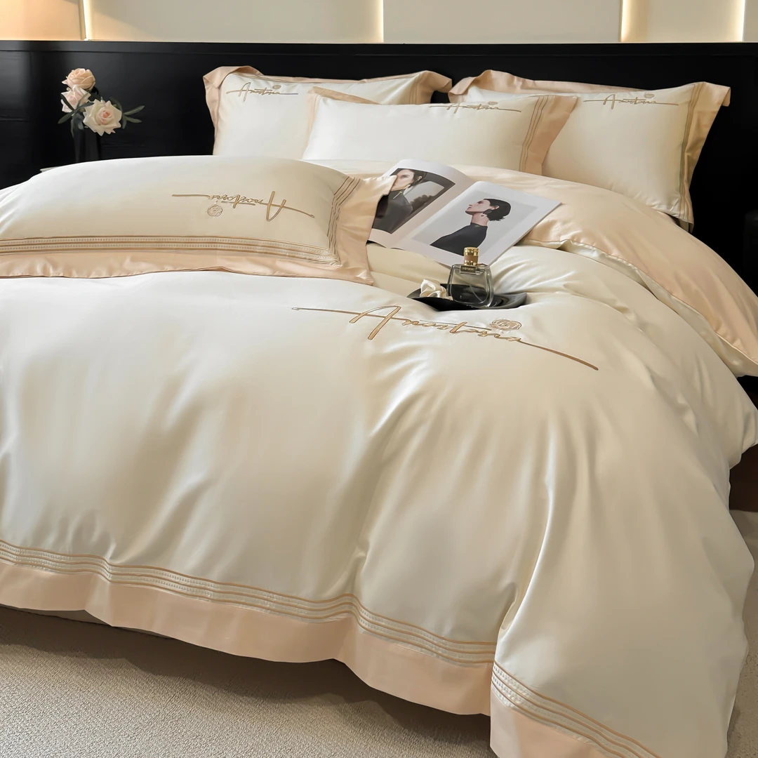 富安娜高级A类160支长绒棉四件套纯棉全棉简约风花卉刺绣被套床品